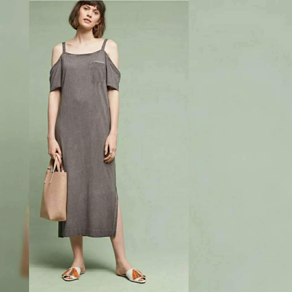 Anthropologie Cloth & Stone Juliette Open Shoulder Dress Small Taupe